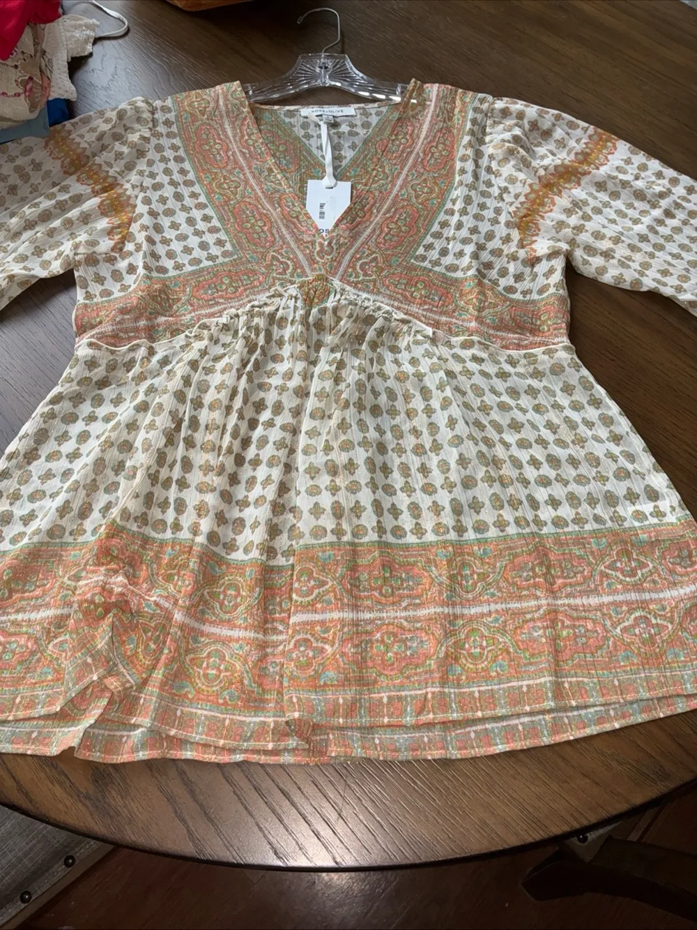 Rose & Olive Paisley V-Neck Blouse in Cream, Olive & Terracotta - Picture 6 of 9
